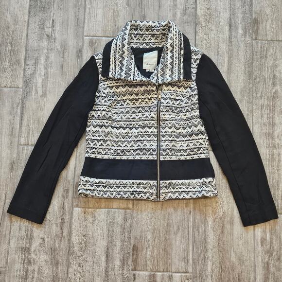 Anthropologie Elevenses Jacket Size 4 Black White Textured Moto Zip Wool blend - Picture 1 of 11